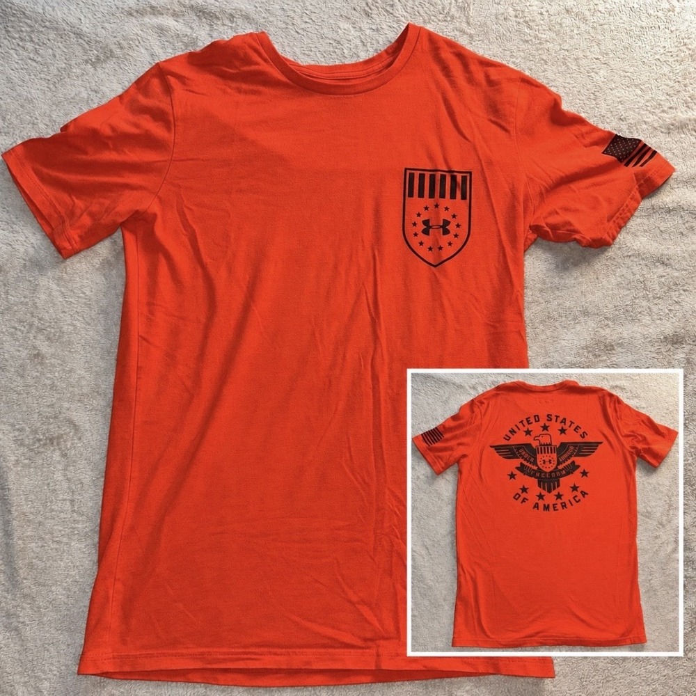 Under Armour Mens Small Freedom Flag T-Shirt Orange Patriotic Loose Fit HeatGear